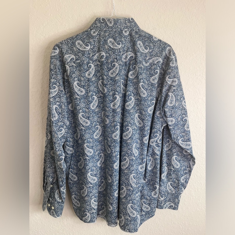 Tallia 1893.  Men’s long sleeve, button-down shirt, blue-white paisley design.